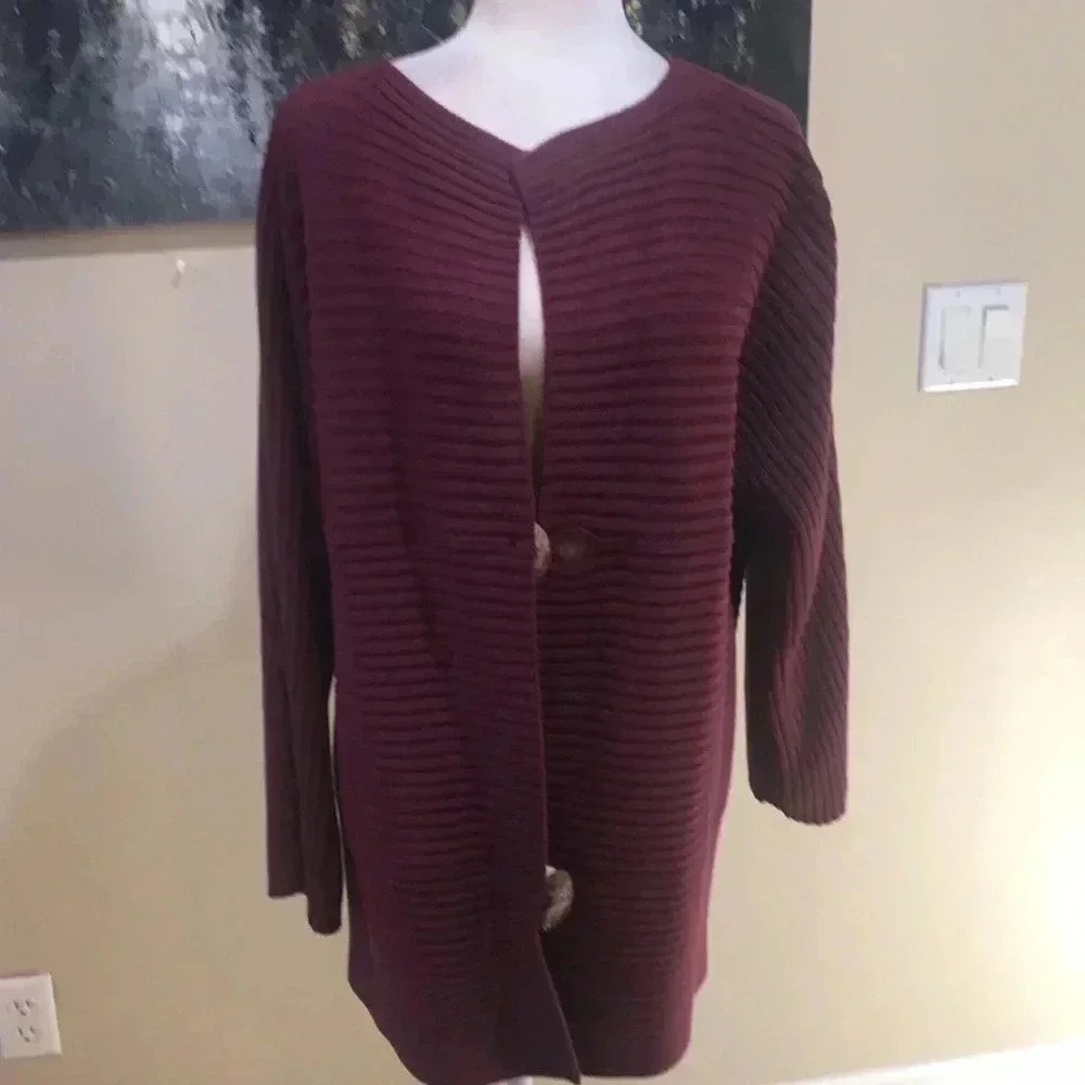 Modern Soul Lagenlook Burgundy Button Front Cotton Blend Cardigan Sweater-Size L - Picture 7 of 13